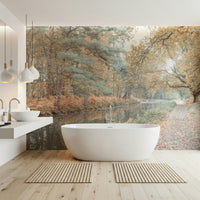 Tranquil fall forest mural with reflective water and a rustic walking path.