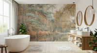Calming landscape mural of a wooded riverside in warm, earthy fall shades.