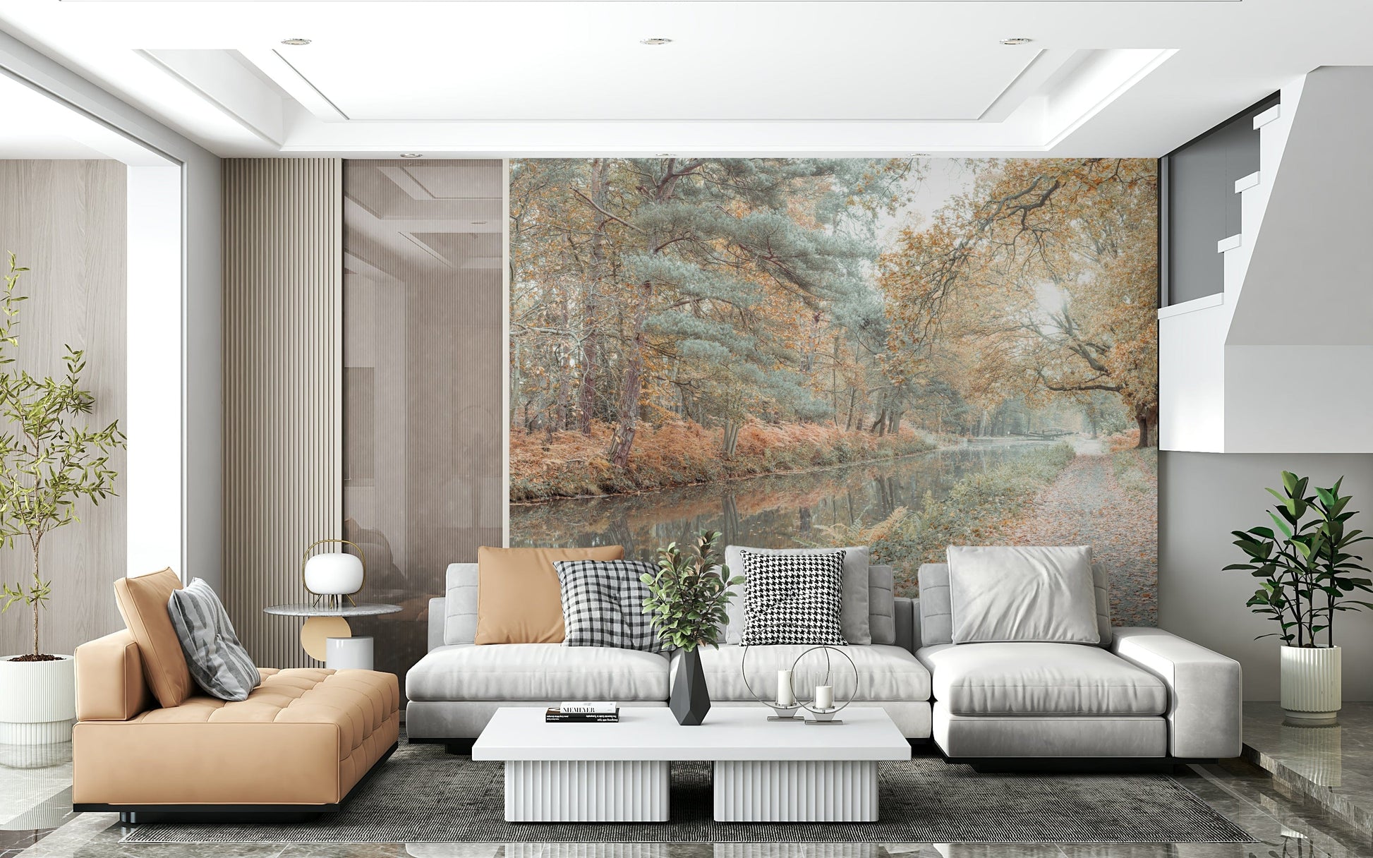 Serene riverbank wallpaper showing autumn foliage and a quiet walking trail.