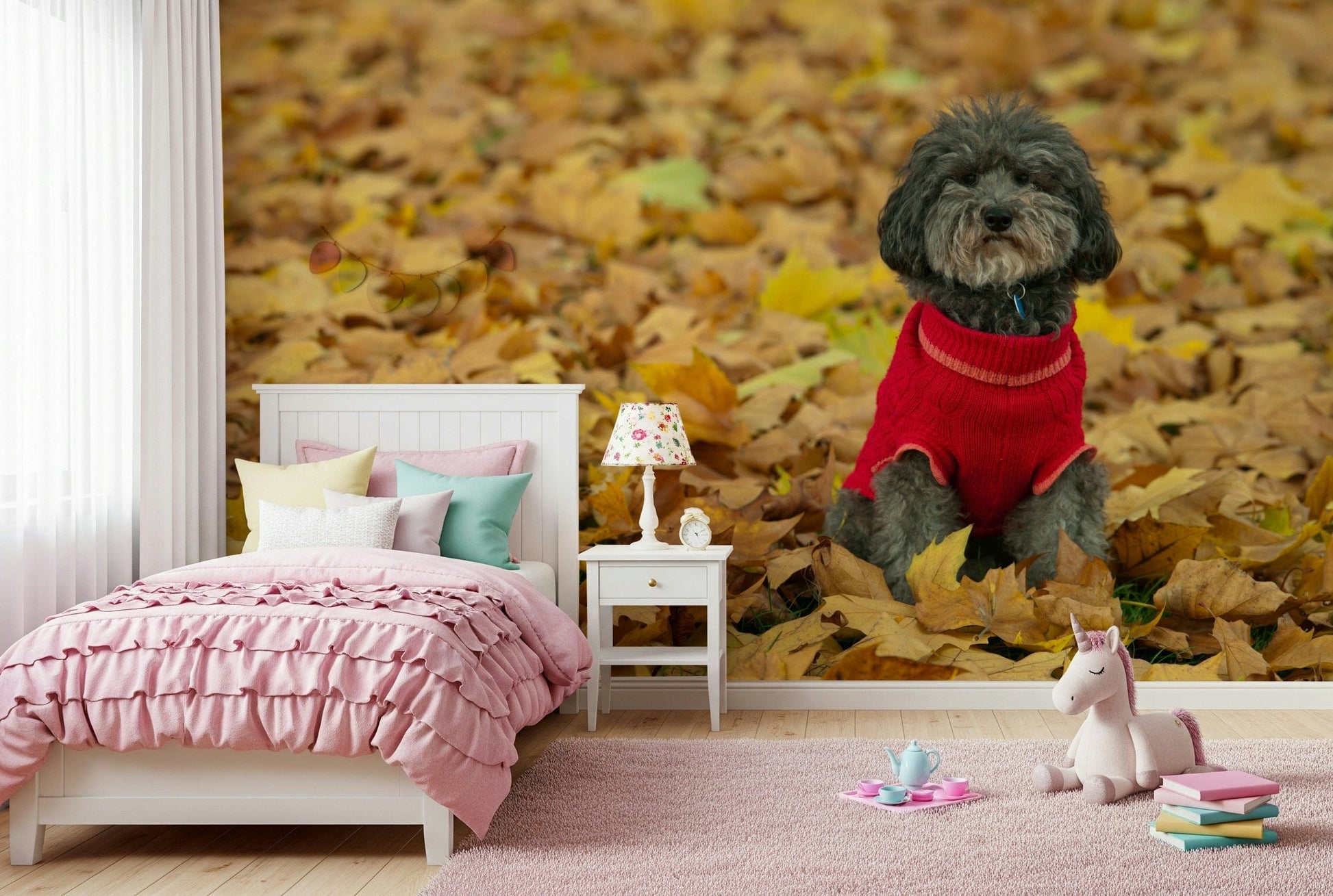 Lovable small Autumn dog wallpaper cute indoor accent.