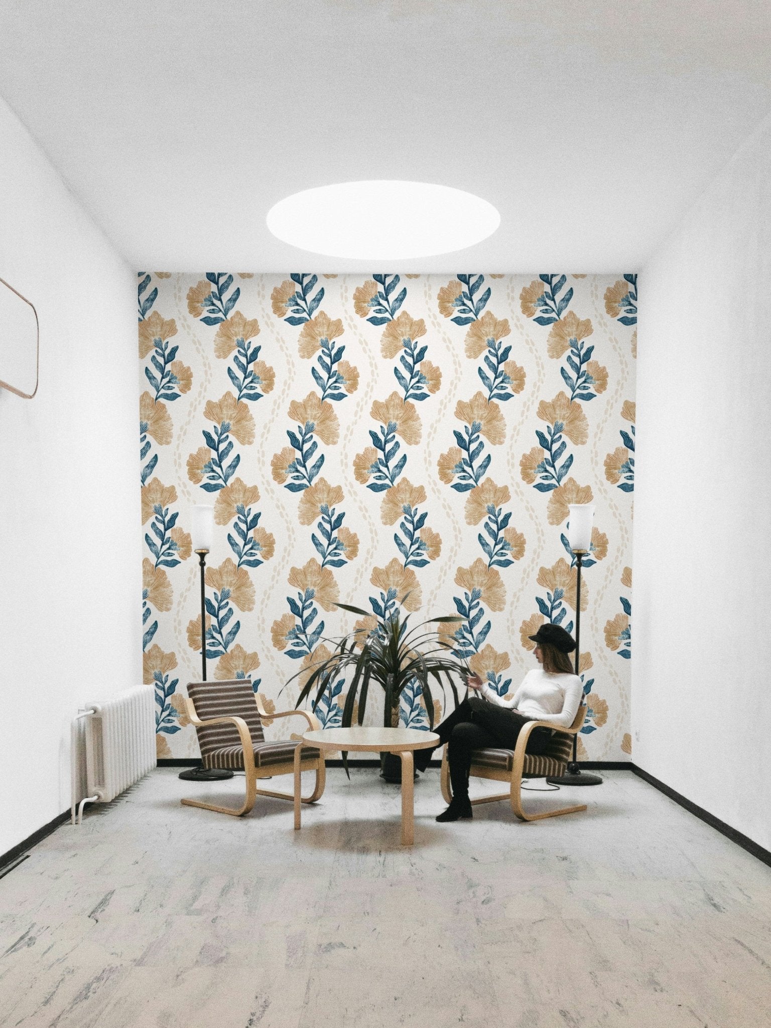 The image shows a repeating pattern of classic flowers and leaves.

