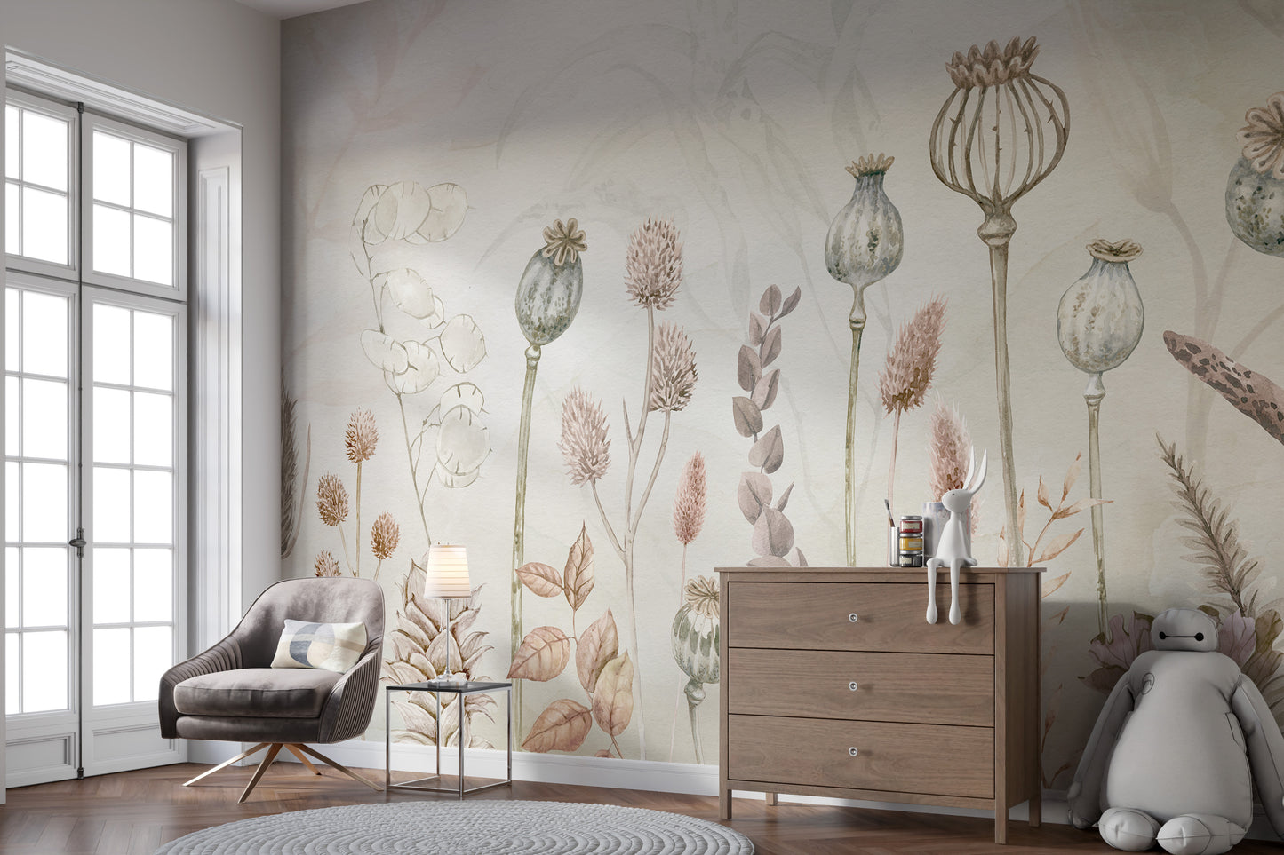Autumn Flowers wallpaper mural of dried botanicals behind a grey armchair and wood dresser in a nursery