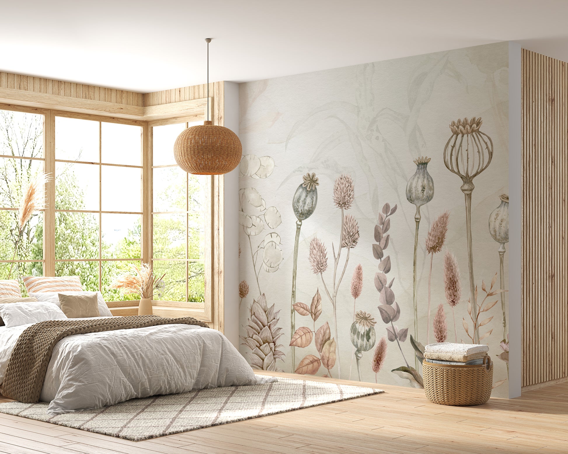 Autumn Flowers wallpaper mural of soft dried blooms beside a grey bed and bay window in a bedroom