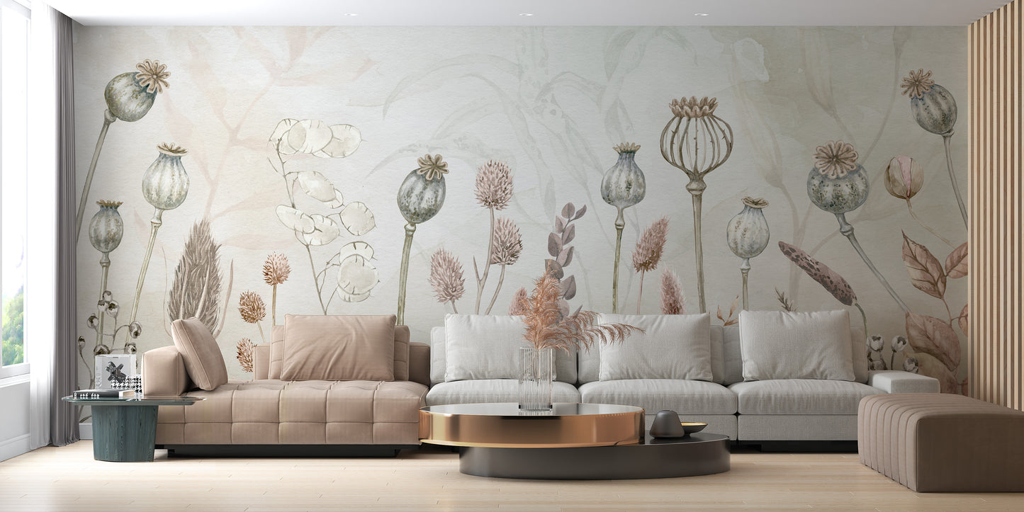 Autumn Flowers wallpaper mural of muted dried botanicals behind beige and grey sofas in a living room
