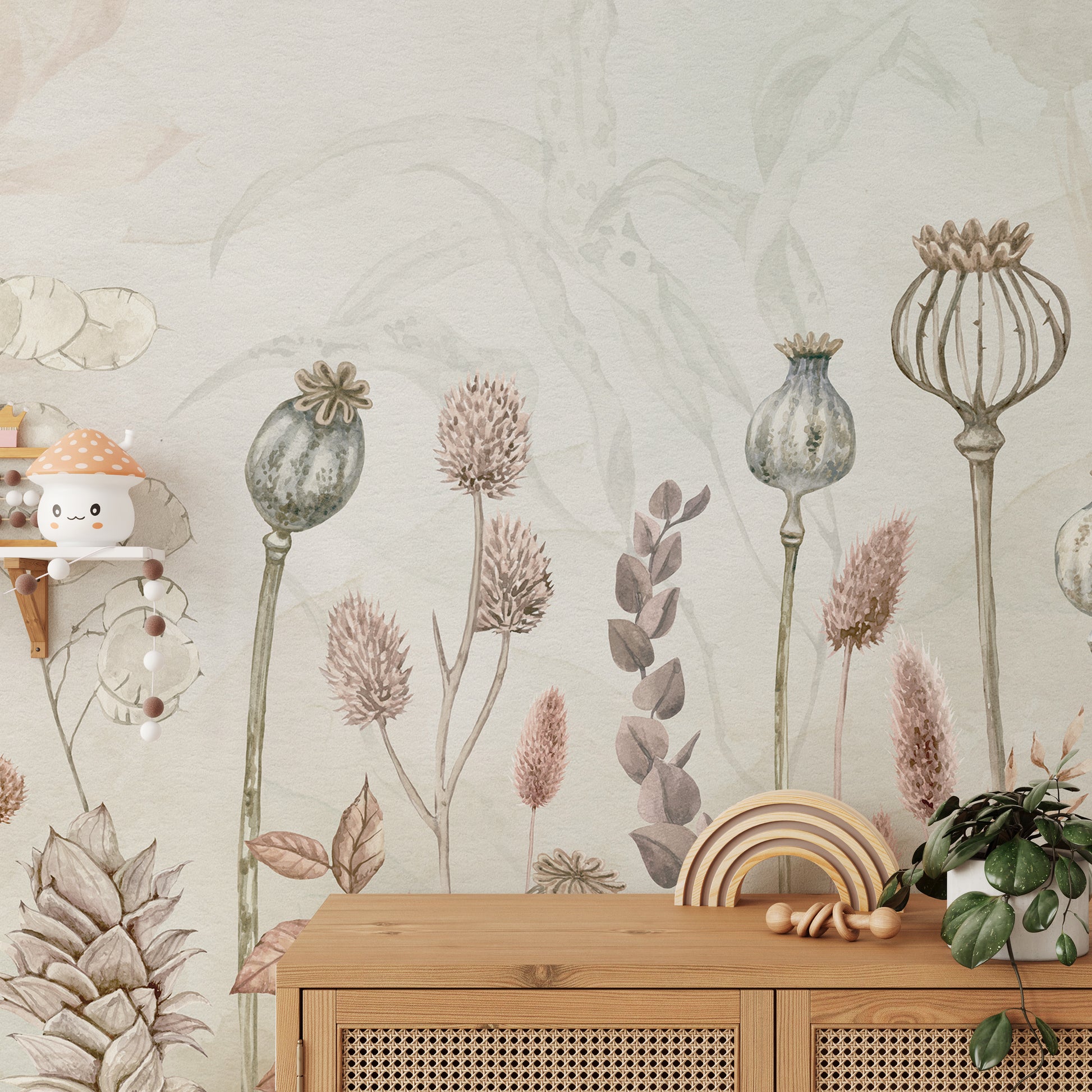 Autumn Flowers wallpaper mural of dried poppy pods and grasses above a rattan cabinet in a kids room