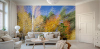 The wall mural is the centerpiece of a contemporary living room.

