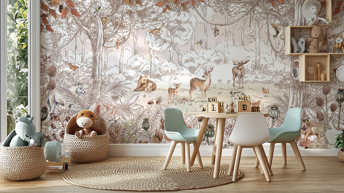 Autumn Forest Friends wallpaper mural with deer and bears behind mint chairs and toy baskets in a kids room