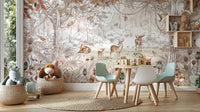 Autumn Forest Friends wallpaper mural with deer and bears behind mint chairs and toy baskets in a kids room