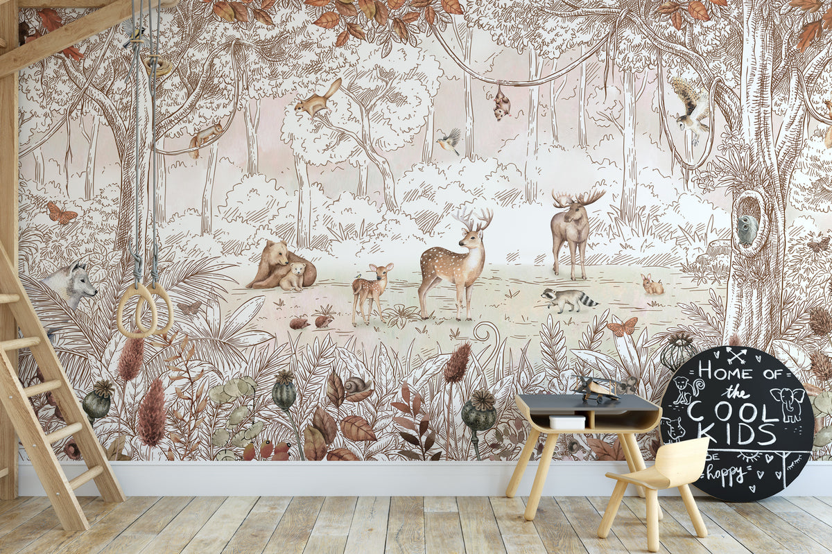 Autumn Forest Friends wallpaper mural of a sketched forest with gym rings and a Cool Kids chalkboard in a playroom