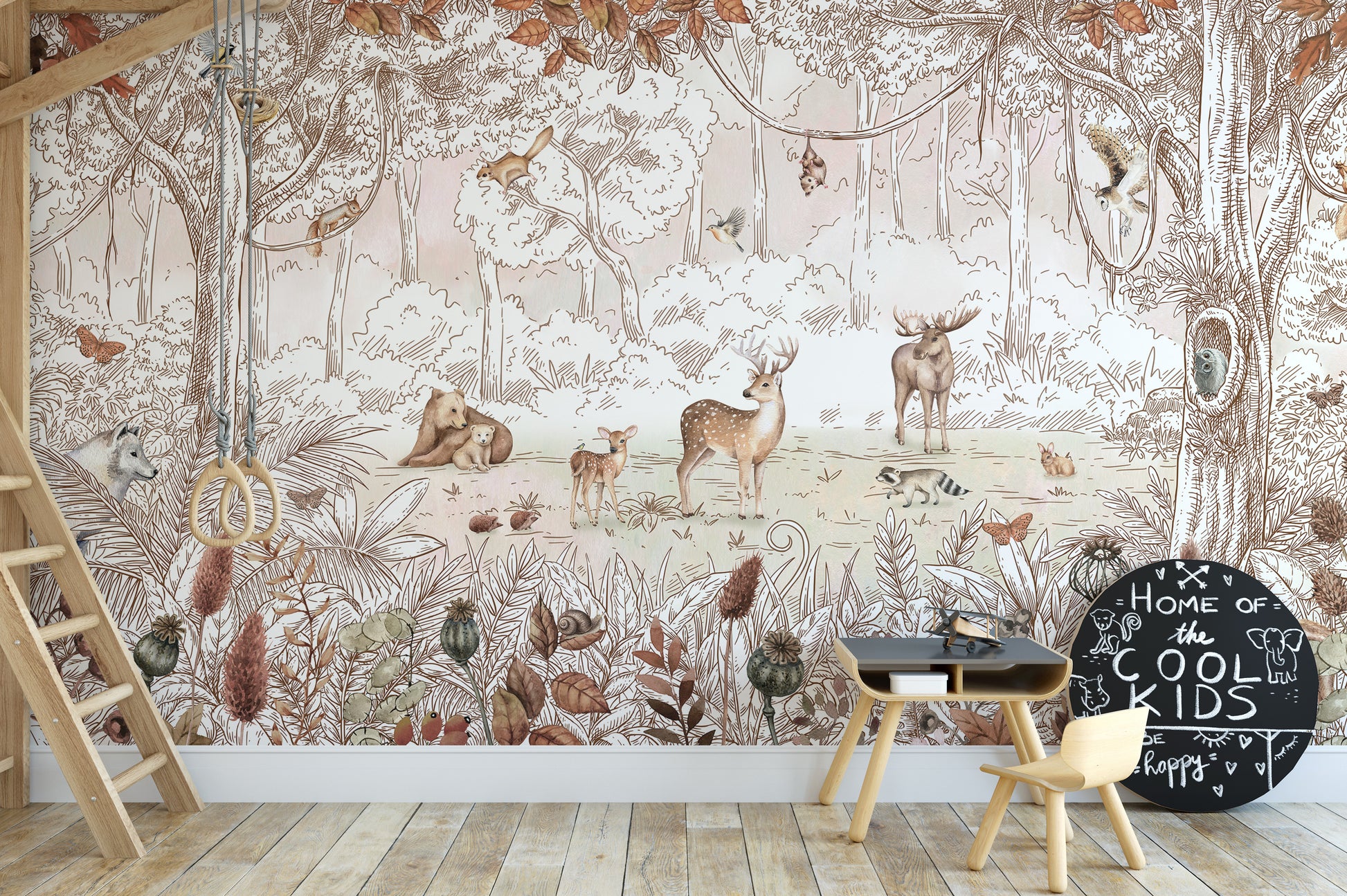 Autumn Forest Friends wallpaper mural of a sketched forest with gym rings and a Cool Kids chalkboard in a playroom