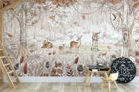 Autumn Forest Friends wallpaper mural of a sketched forest with gym rings and a Cool Kids chalkboard in a playroom