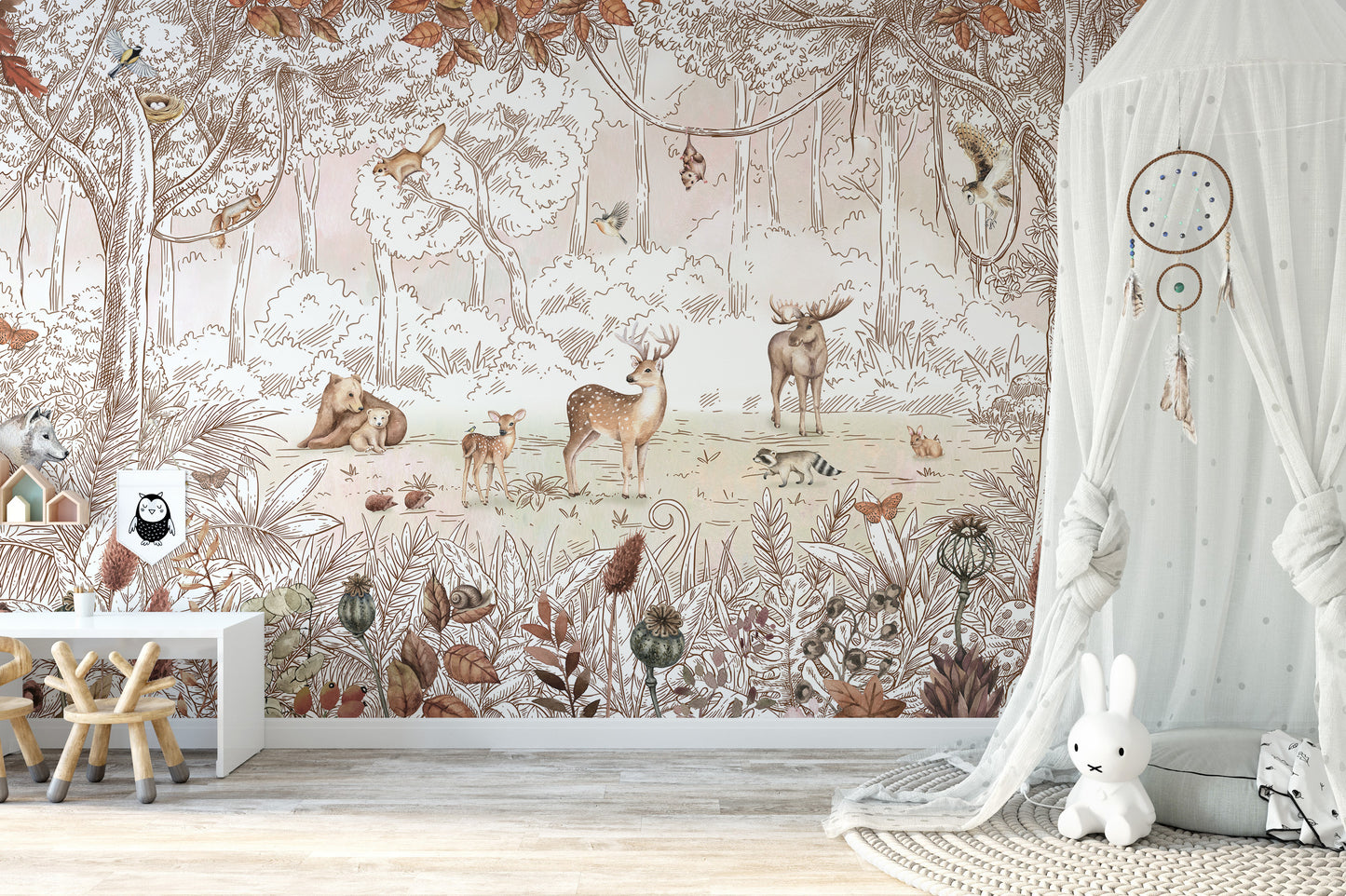 Autumn Forest Friends wallpaper mural with deer and moose beside a white canopy and bunny toy in a nursery