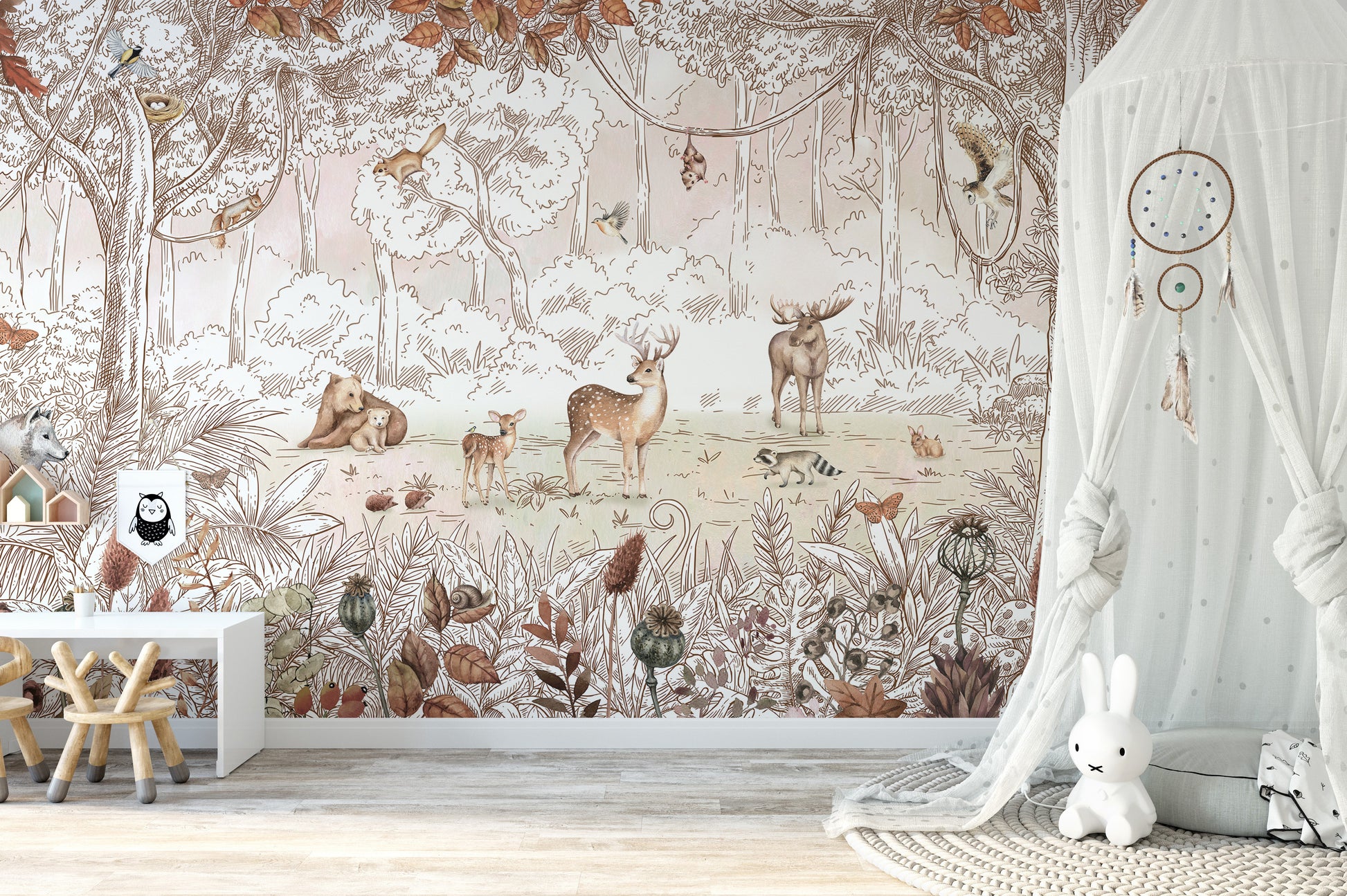 Autumn Forest Friends wallpaper mural with deer and moose beside a white canopy and bunny toy in a nursery