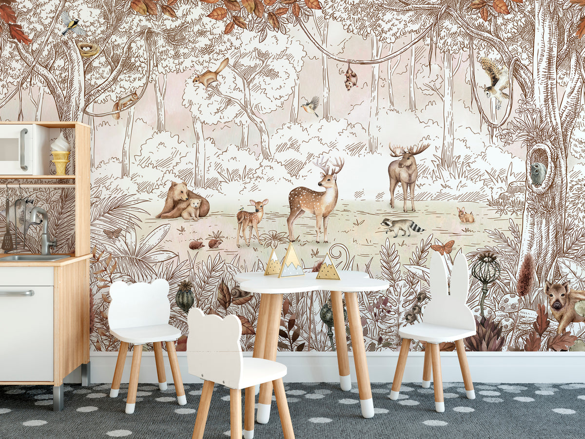 Autumn Forest Friends wallpaper mural of woodland animals behind a play kitchen and bear-ear chairs in a kids room