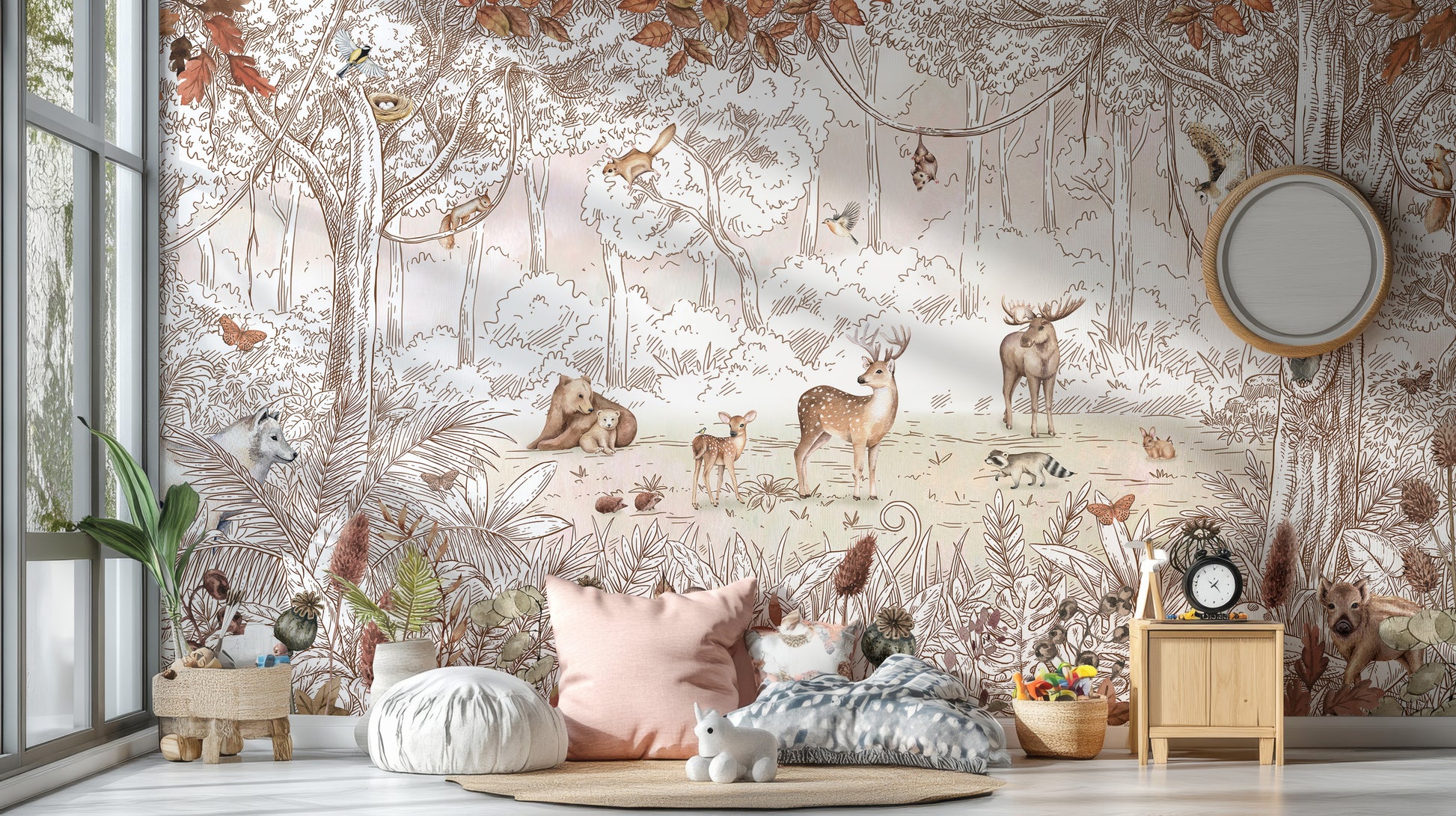 Autumn-inspired wallpaper mural with animals and foliage
