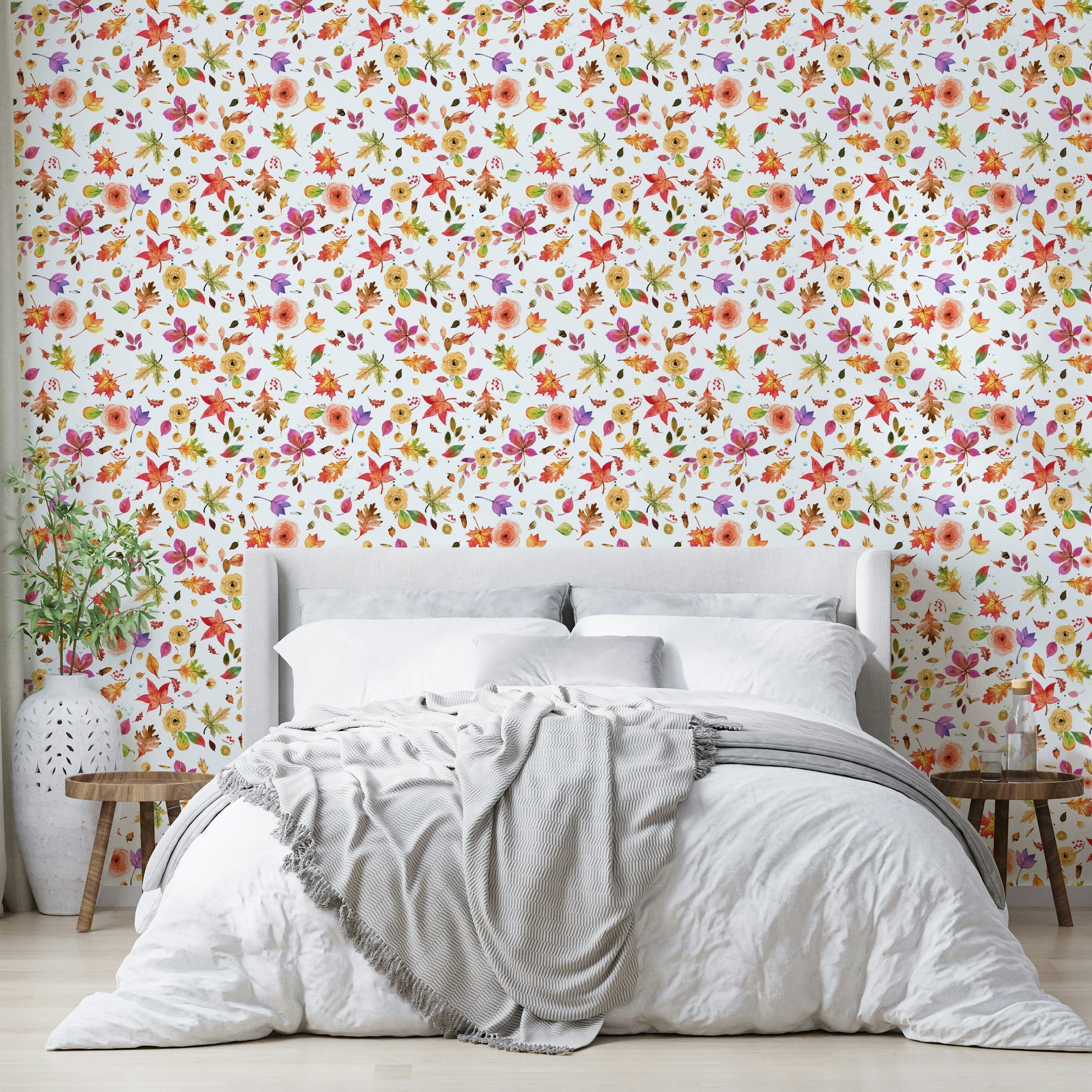 Forest leaf and flower wallpaper in warm tones

