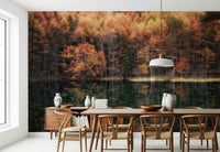Nature-inspired wall art Orange woodland image, water's surface a perfect glass.