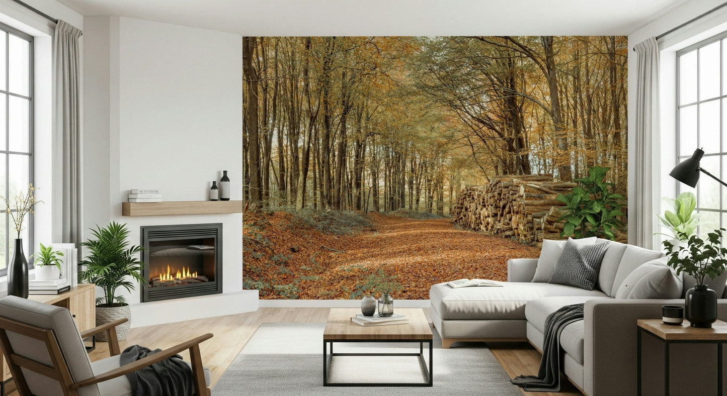 Inviting forest path wallpaper for walls, calming Autumn Forest Scene.