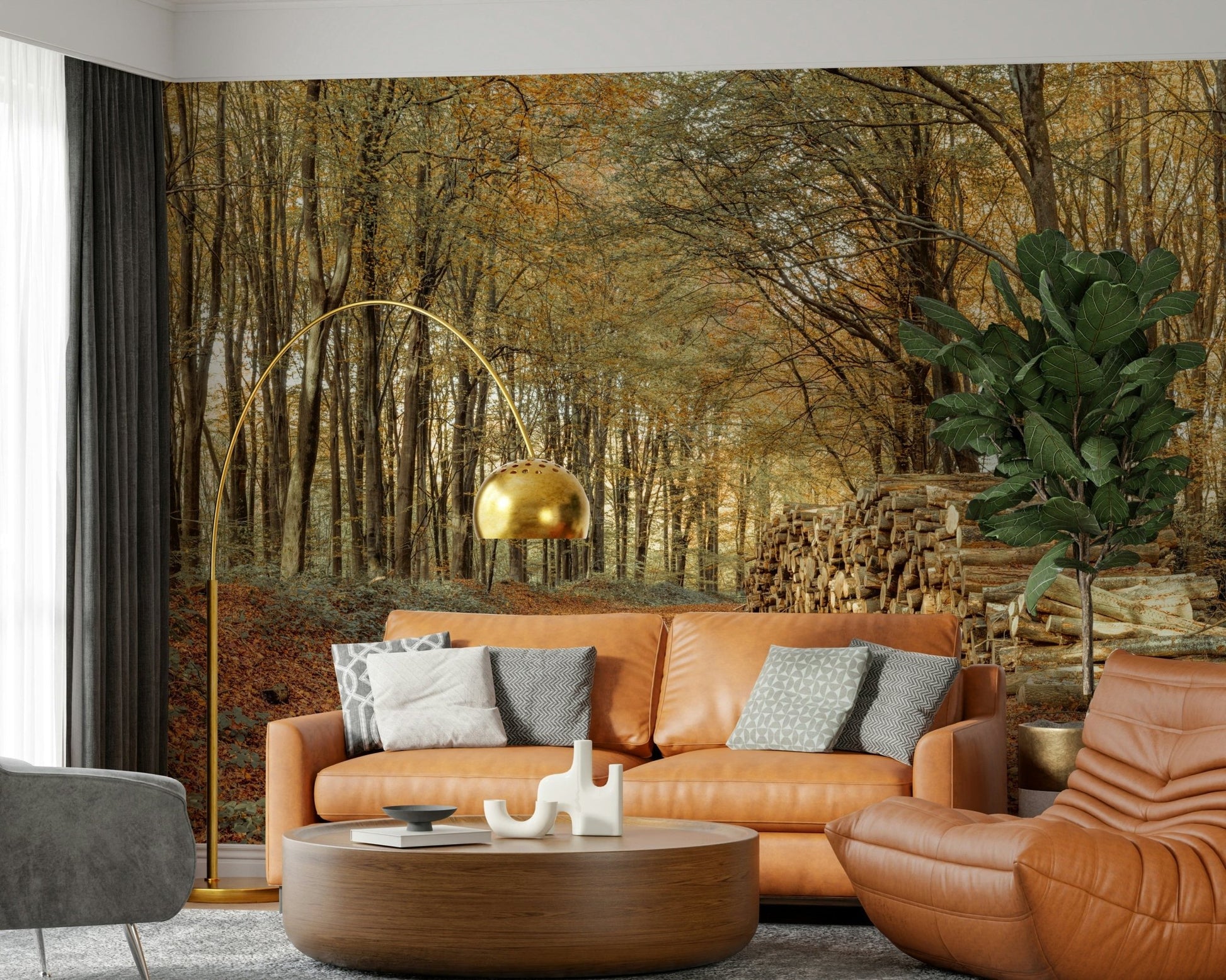 Vast wooded landscape, chopped timber pile, Autumn Forest Scene print.