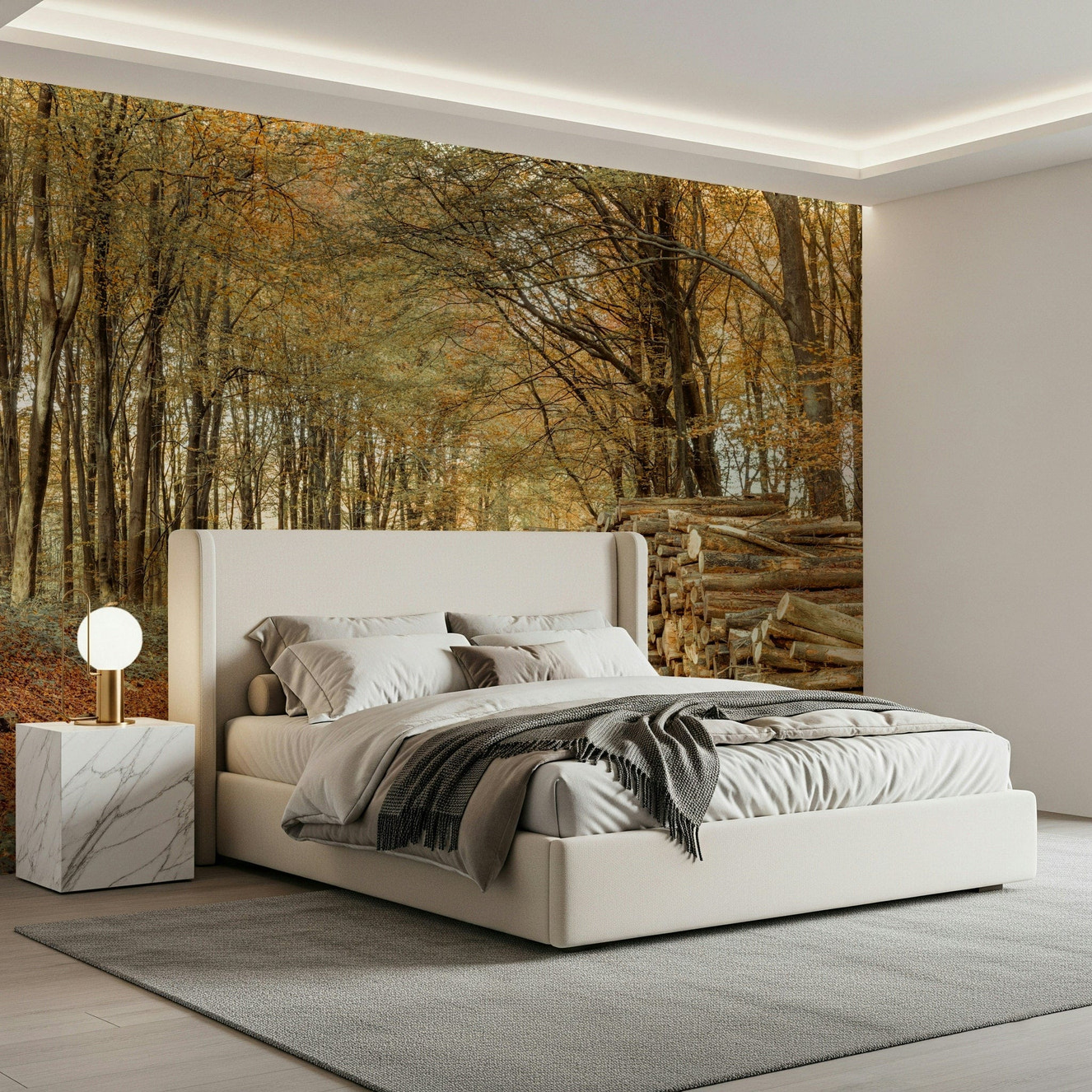 Golden woodland path, tall trees, Autumn Forest Scene wallpaper accent.