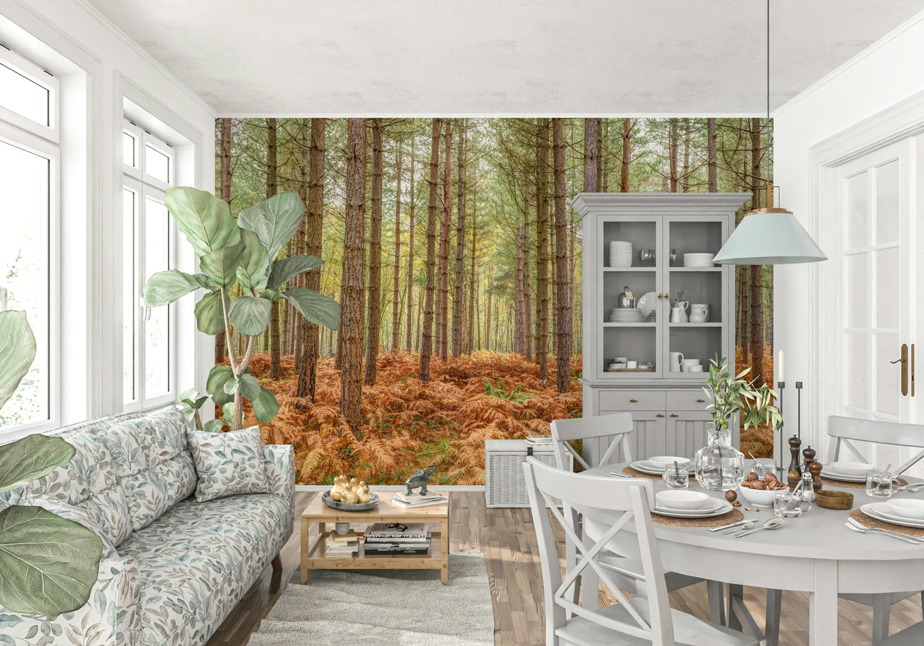 Nature's Embrace Wall Mural in modern living room, green forest wall decor