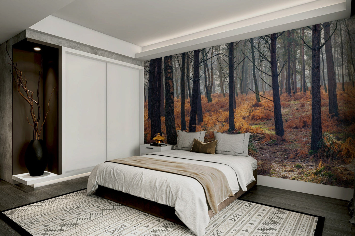 A beautiful wide-angle wall mural of a peaceful wood.

