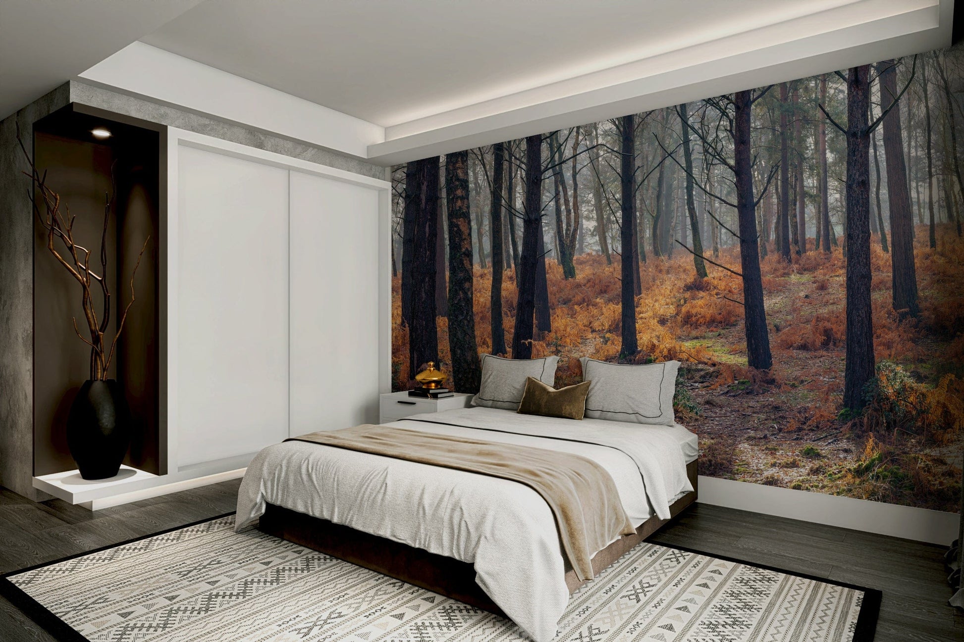 A beautiful wide-angle wall mural of a peaceful wood.


