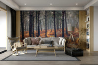 An artistic woodland scene mural on minimalist wallpaper.


