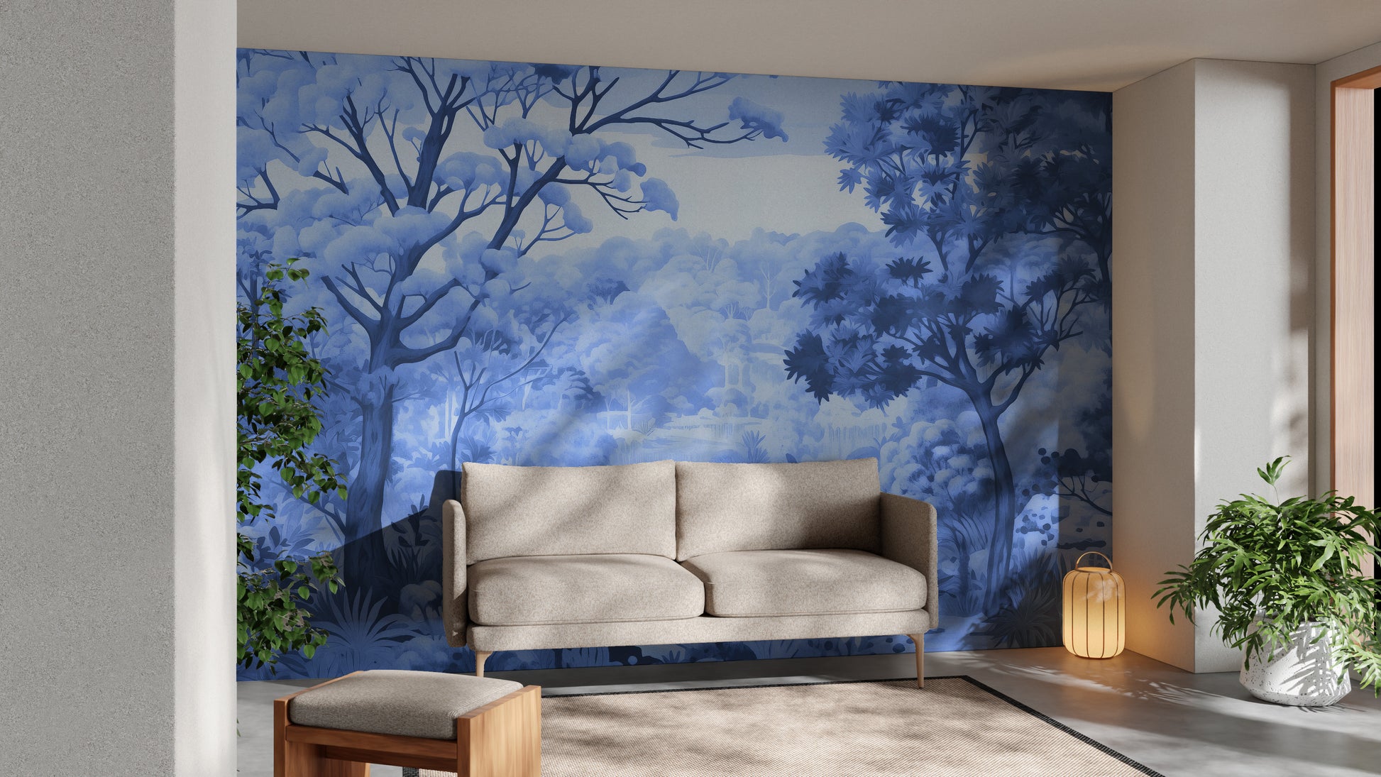 Watercolor Autumn Forest wallpaper mural in blue behind a beige sofa with a paper lantern and leafy plant