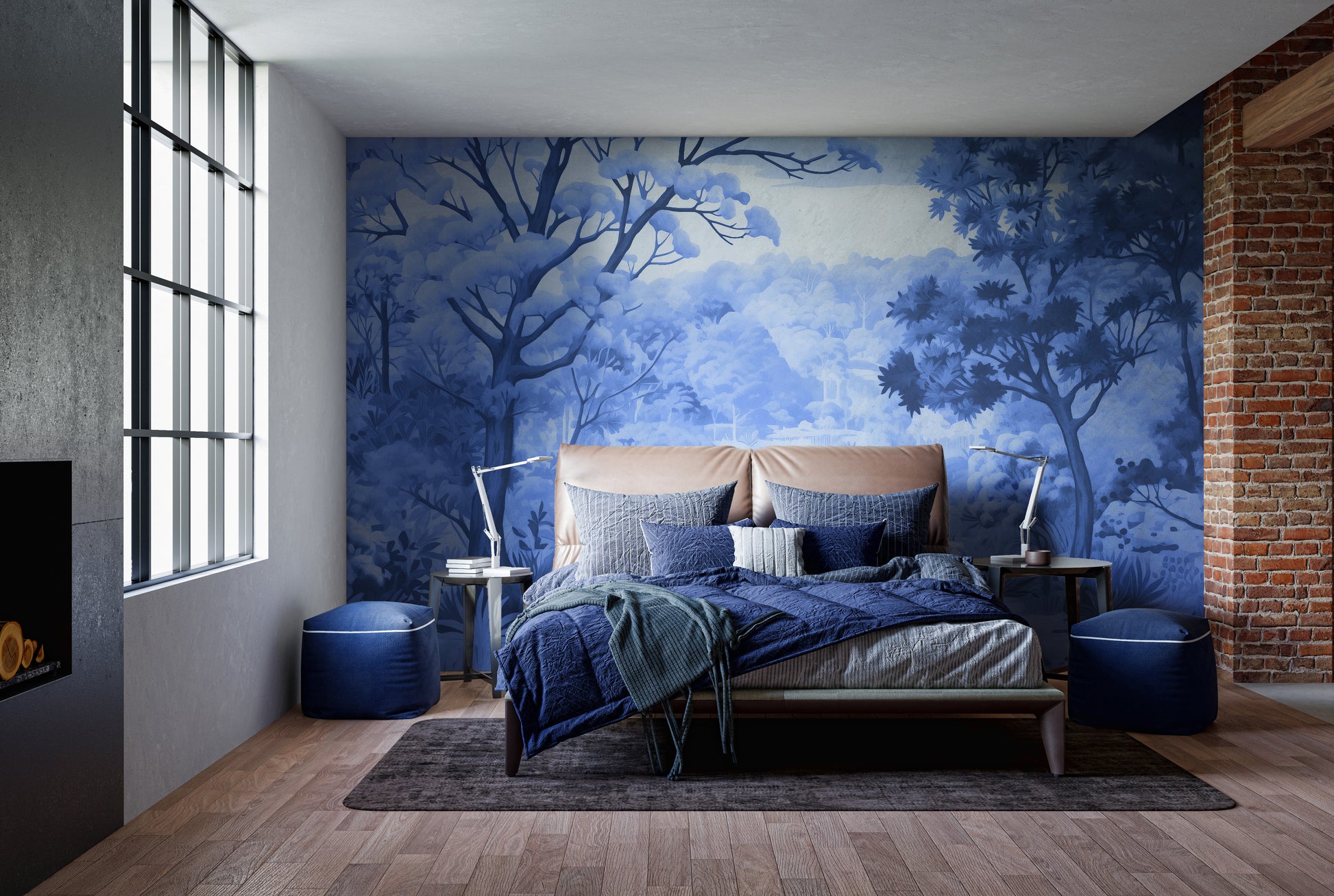 Watercolor Autumn Forest wallpaper mural in deep blue behind a bed with navy bedding beside an exposed brick wall