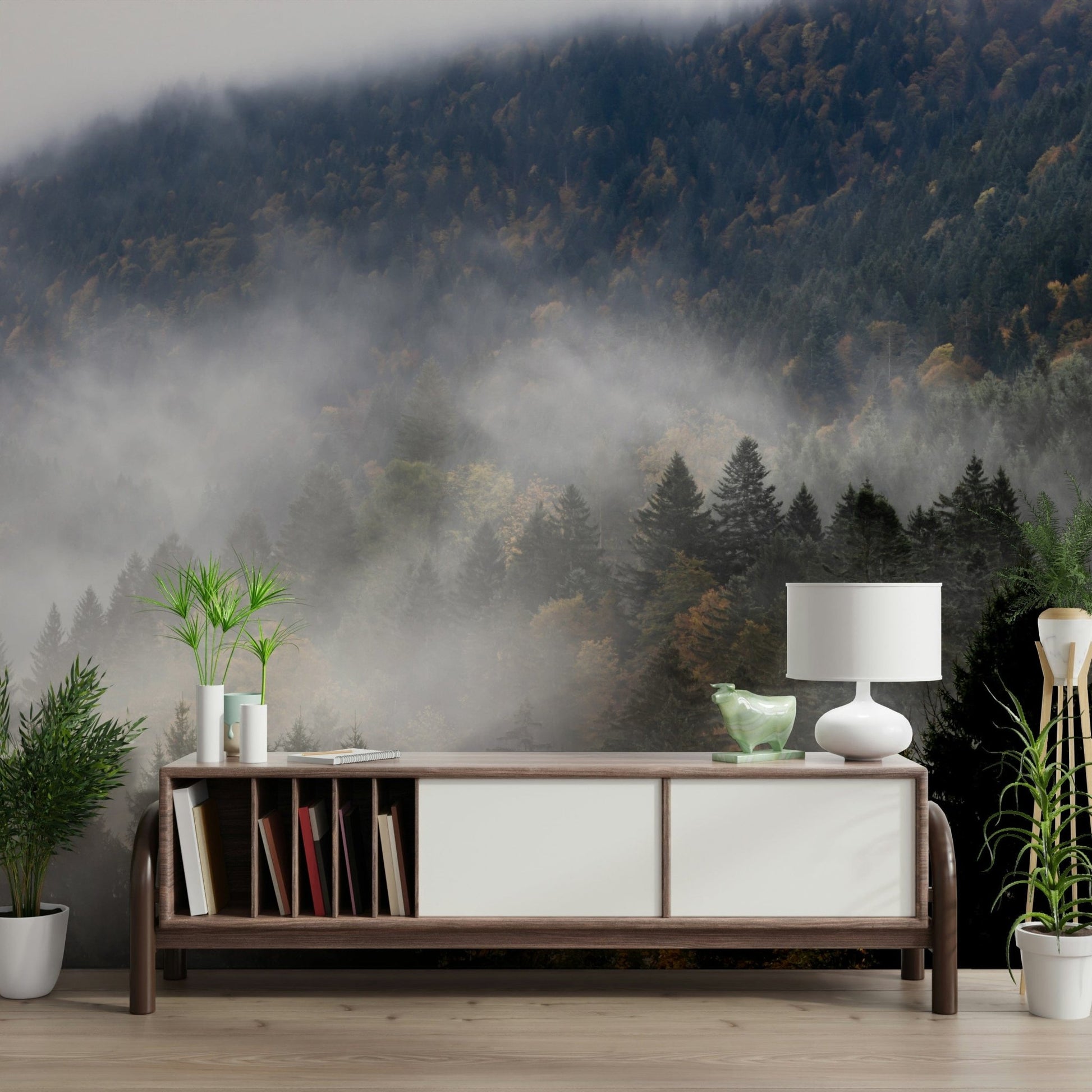 Atmospheric Autumn Haze wallpaper, dense forest peel and stick option.