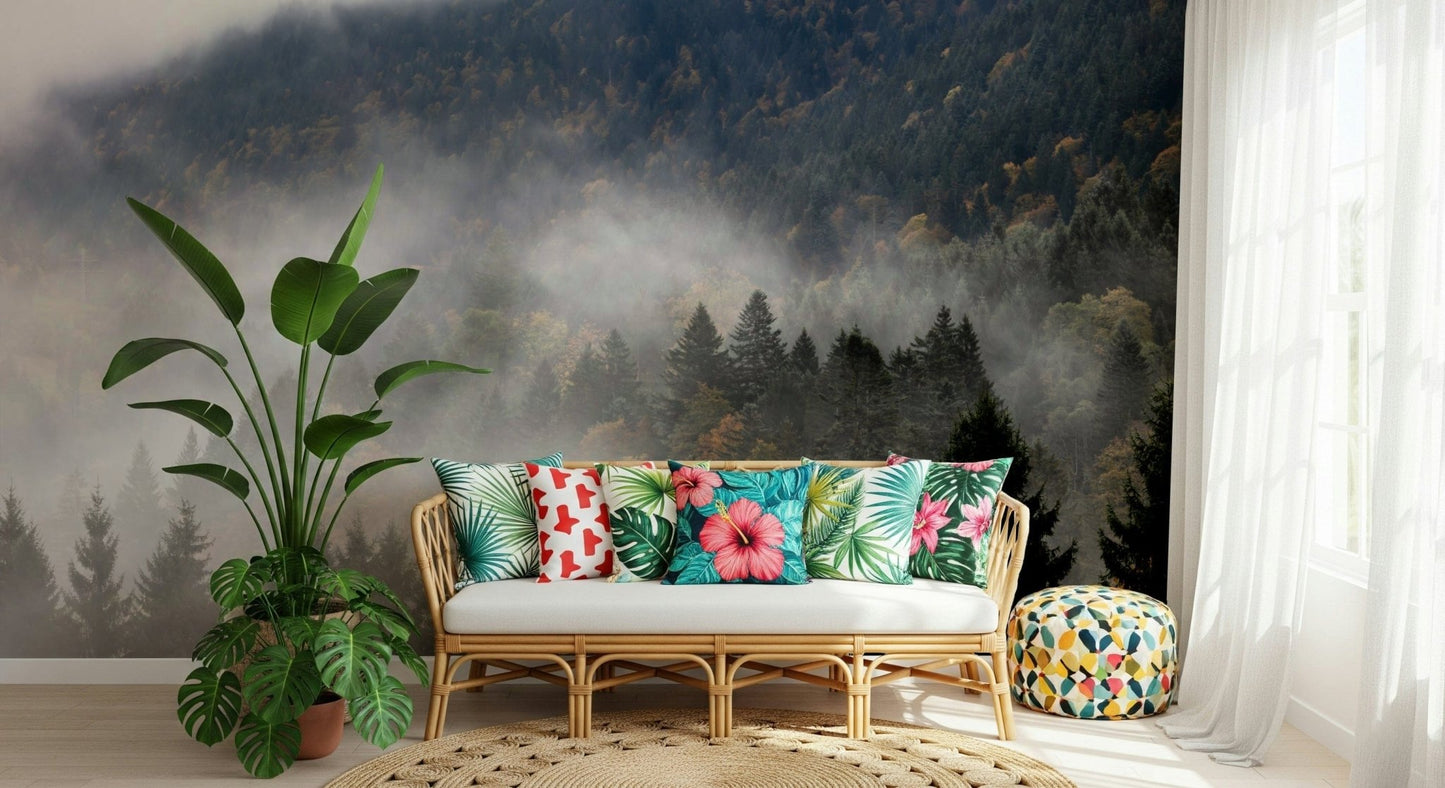 Moody Autumn Haze wallpaper, evergreen scene, mysterious valley outlook.