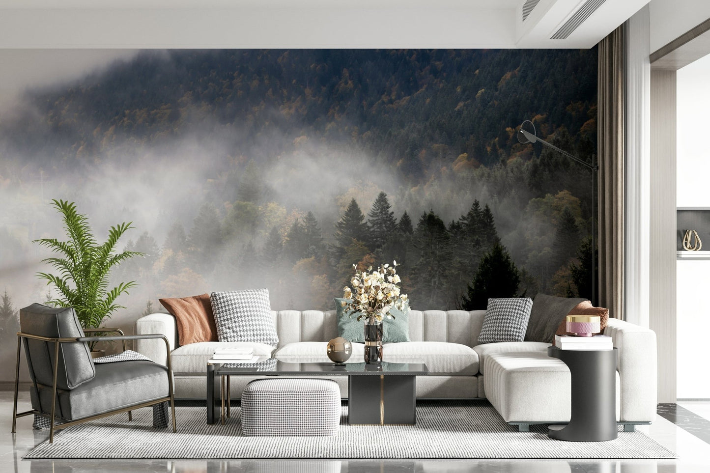 Cool Autumn Haze wallpaper, deep woods, peaceful morning mist, stylish decor.