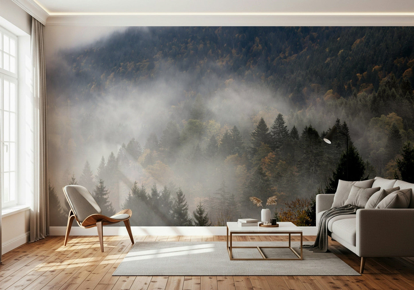 Spectacular Autumn Haze wallpaper mural, foggy landscape, beautiful scenery.
