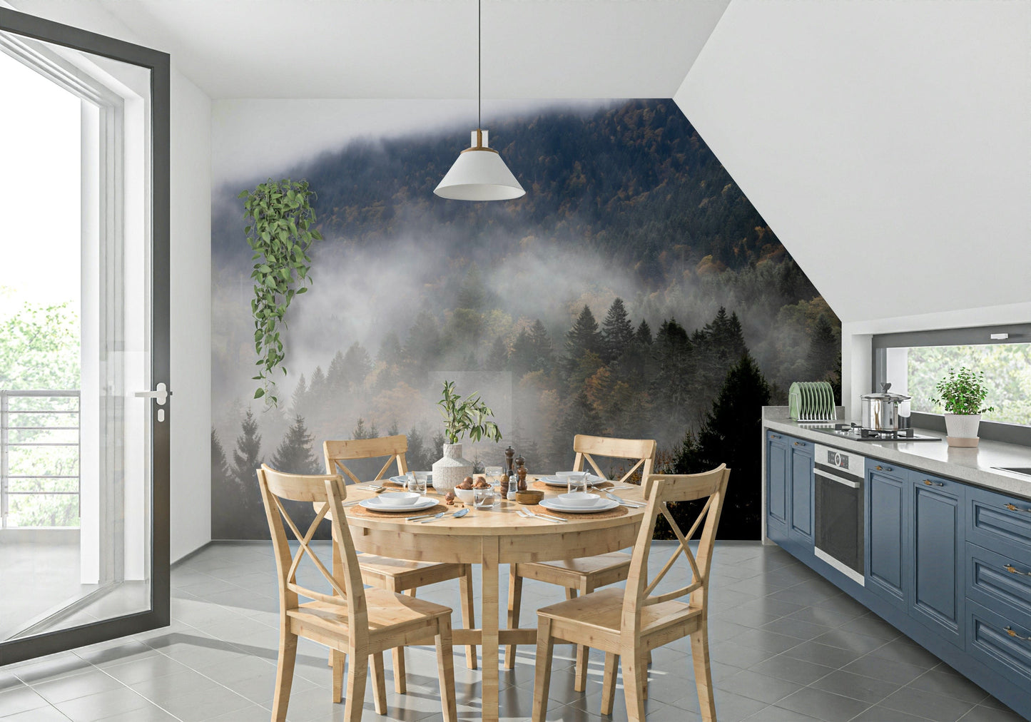 Wall mural Autumn Haze, inspiring natural view, cloudy mountain, deep green.
