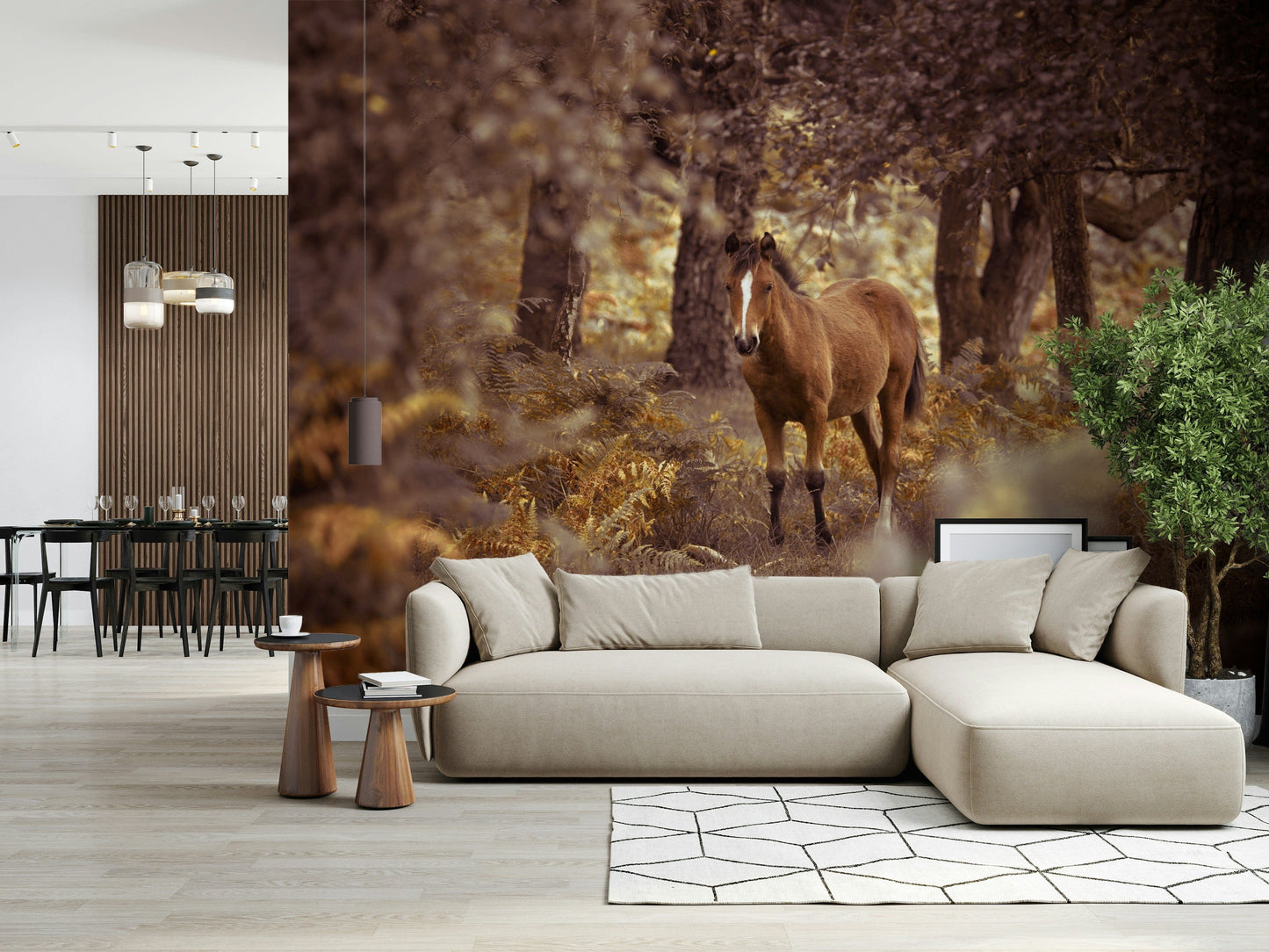 The wallpaper captures a wild horse surrounded by warm autumn tones and dense trees.