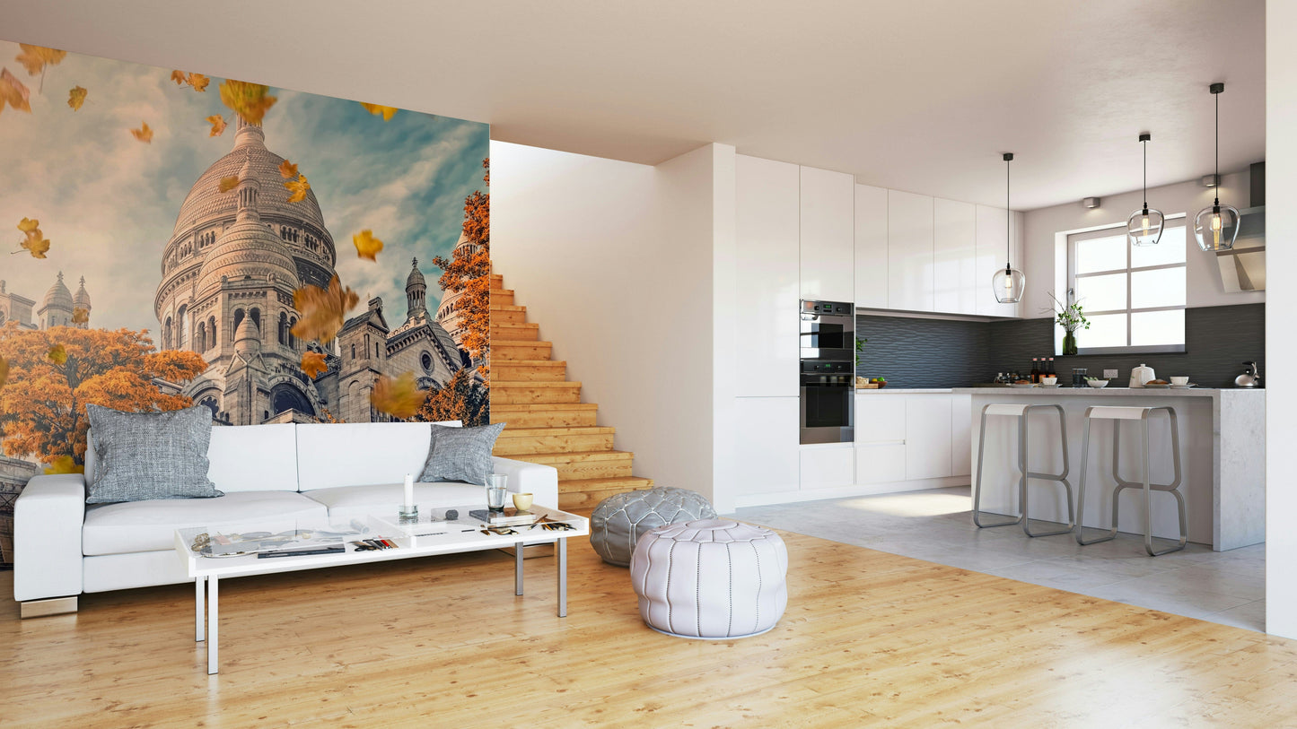 A beautiful urban landscape wall mural for a living room.


