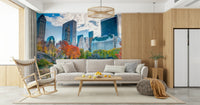 Stunning Autumn in the City wallpaper featuring bright red foliage pond.