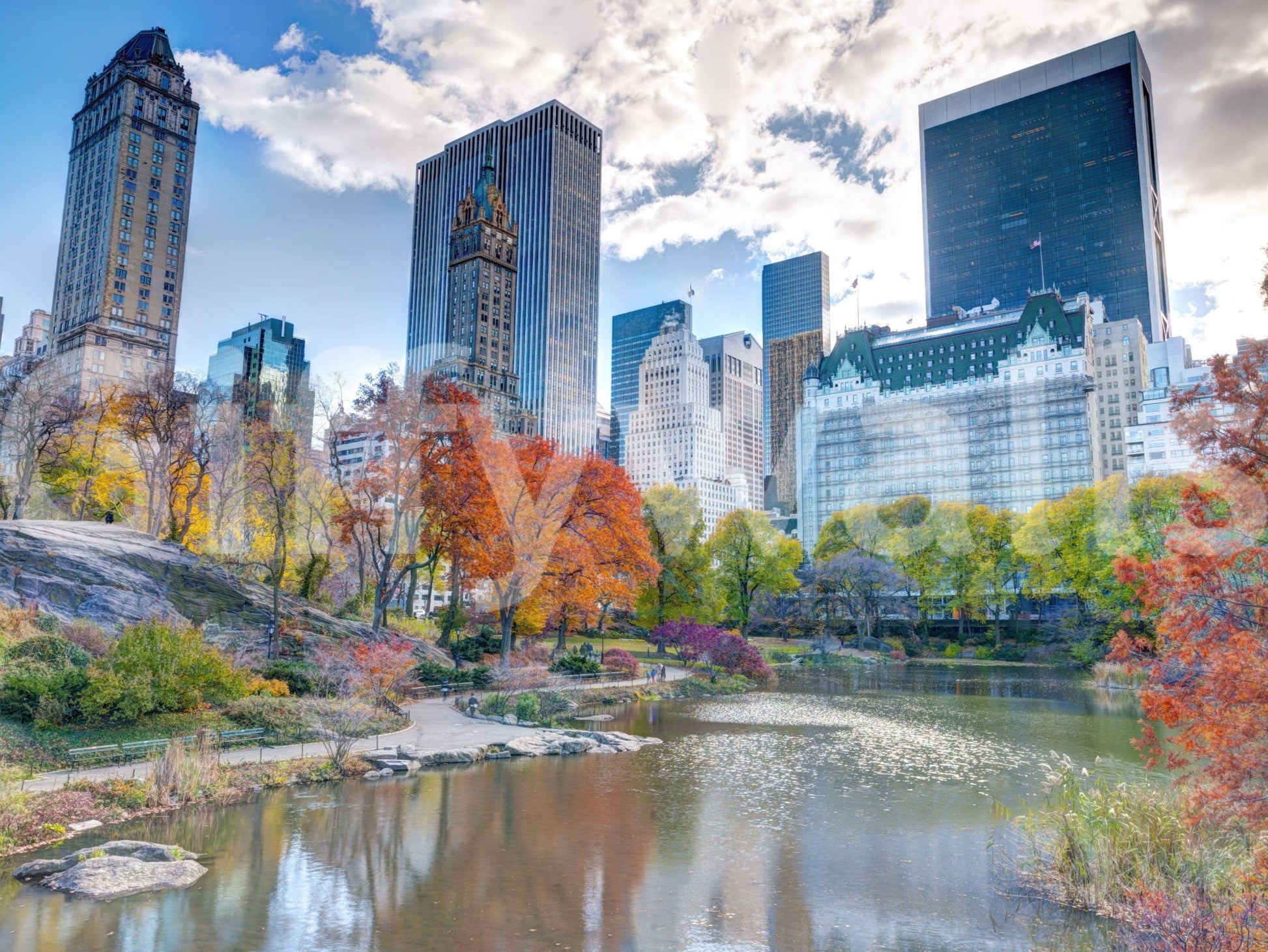 Autumn in the City accent mural, idyllic park scene below dramatic clouds.