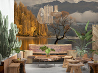 Wall mural Autumn Woodland Dawn Mirror, picturesque view, inspiring natural elegance.