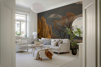 Autumn Woodland Dawn Mirror mural, lonely tree art, misty mountain scenery.