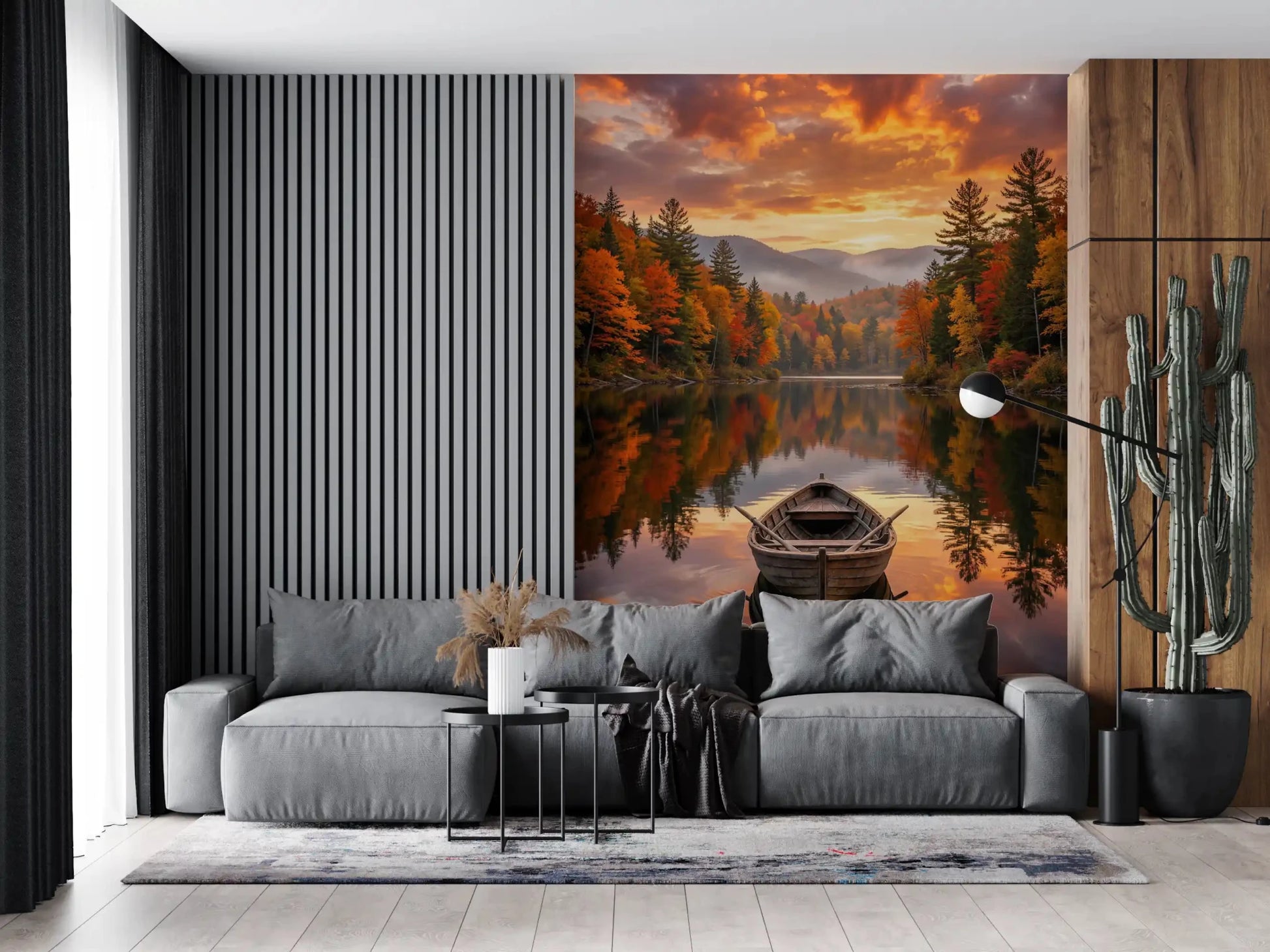 Create a calm atmosphere in your home office with this autumn lake wall mural.