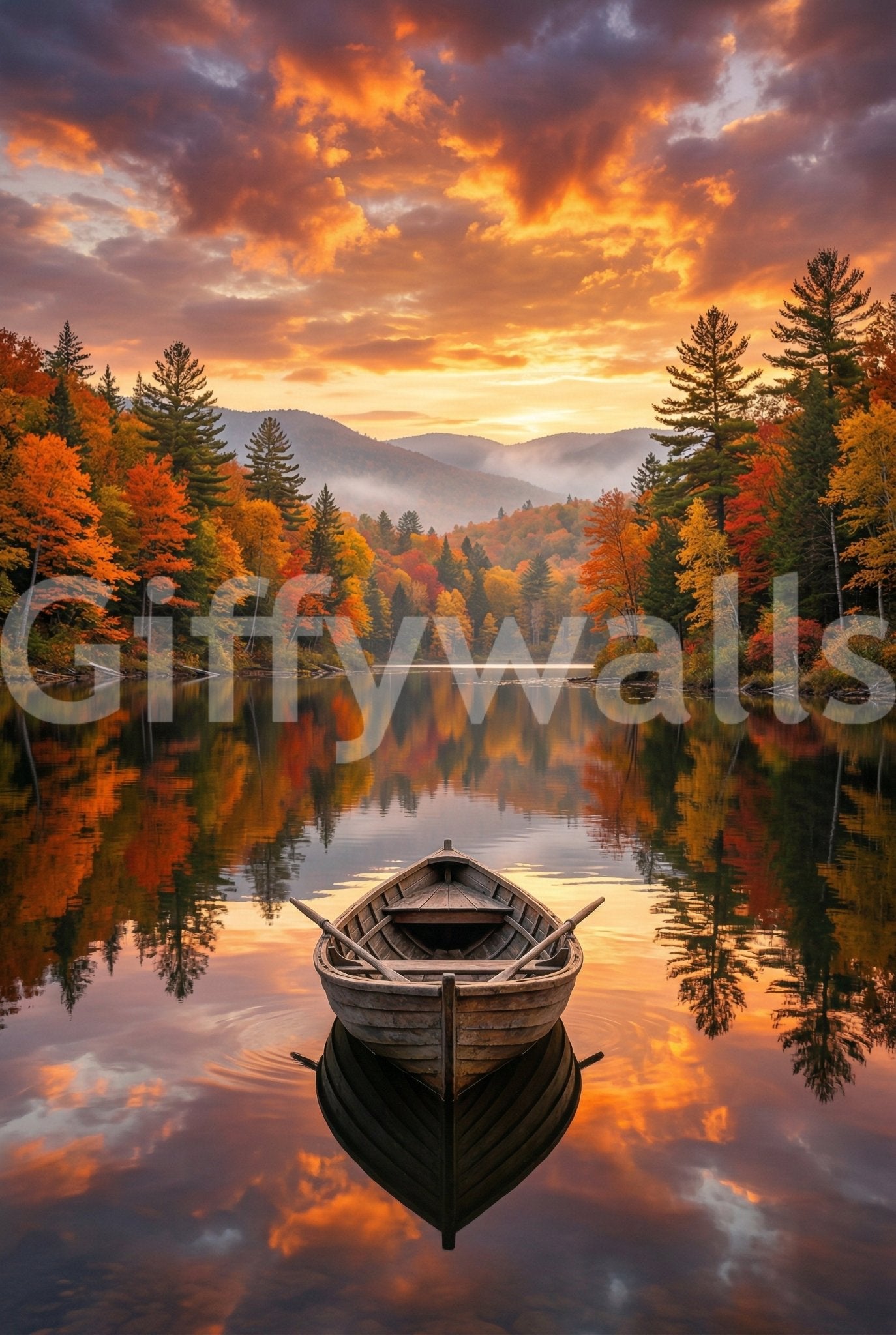 Wooden boat on calm lake with autumn forest reflection wall mural Autumn Lake Serenity