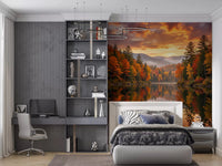 Fall landscape wall mural perfect for adding warmth to a cozy bedroom space.
