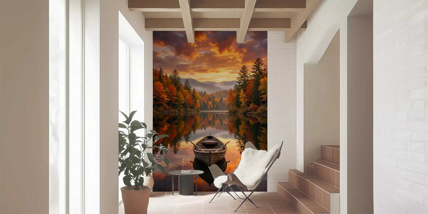 Entryway forest lake wall mural Autumn Lake Serenity boat reflection