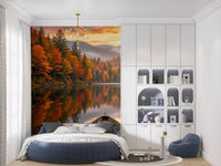 Enhance your Bedroom area with the peaceful Autumn Lake Serenity mural.