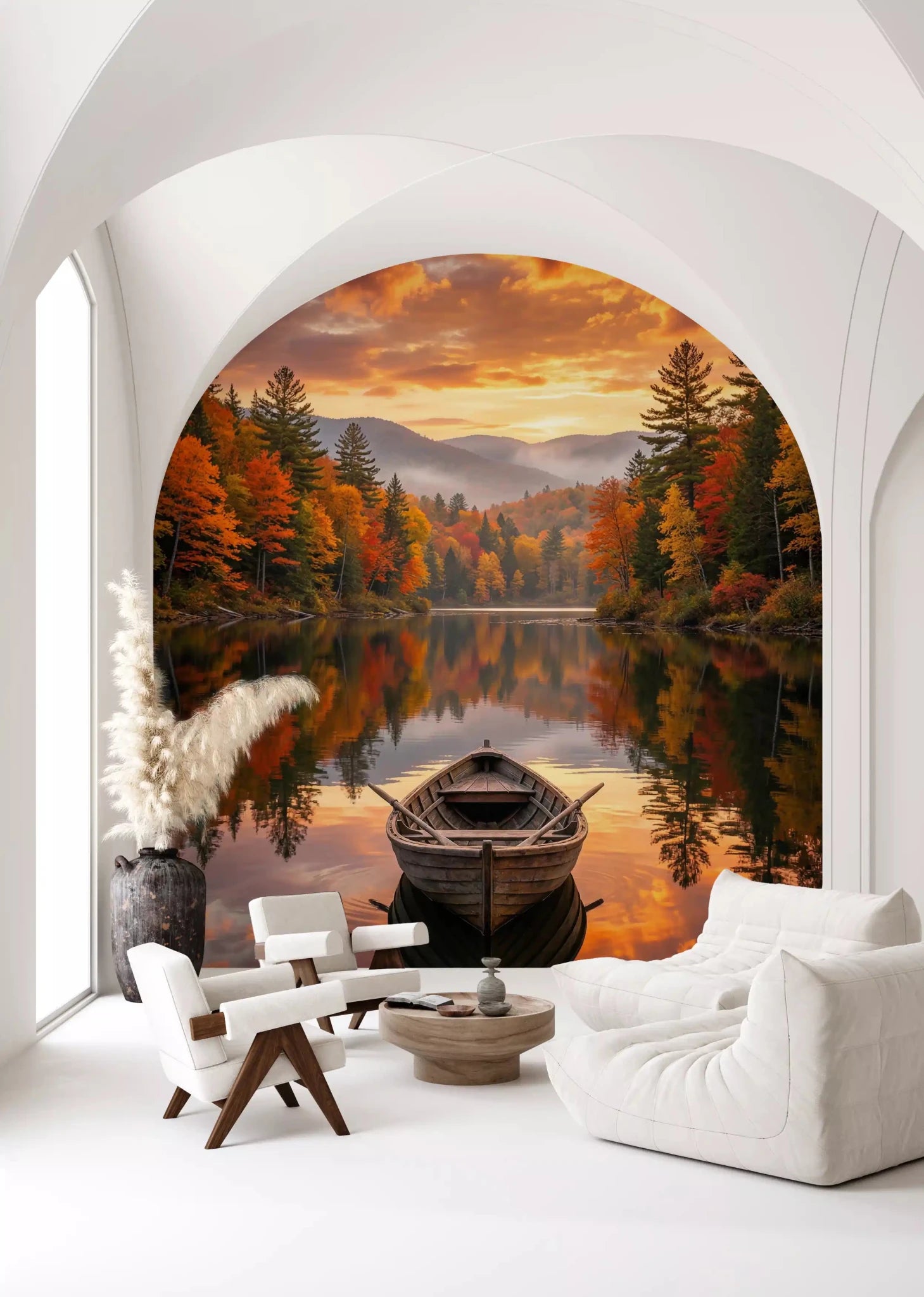 Bring a touch of autumn to your hallway with this serene lake view wall mural.