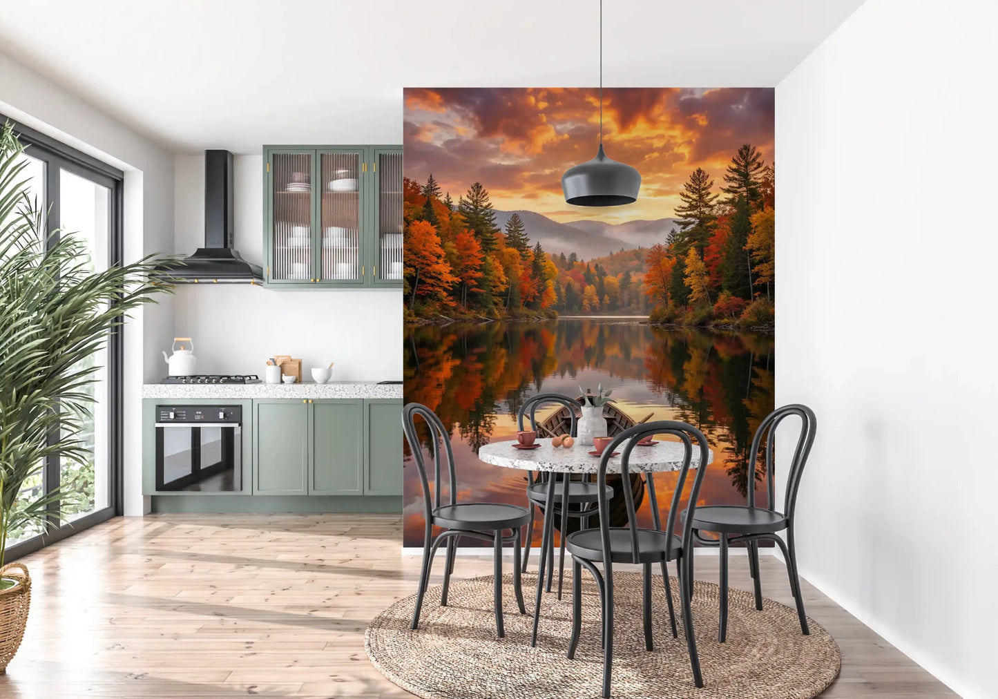 Dining room autumn lake landscape wall mural Autumn Lake Serenity with boat view