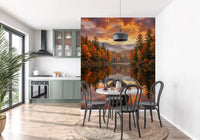 Dining room autumn lake landscape wall mural Autumn Lake Serenity with boat view