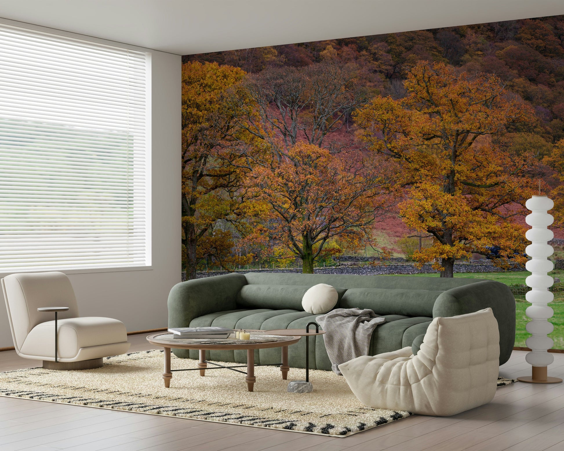 A tranquil wallpaper depicting bright orange and yellow fall trees in a countryside setting.